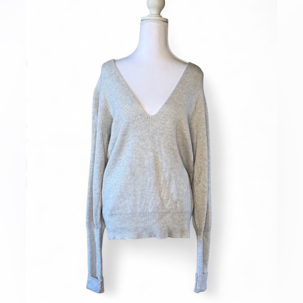 Free People Ribbed V-Neck Sweater Balloon Sleeve Size M - Picture 1 of 4